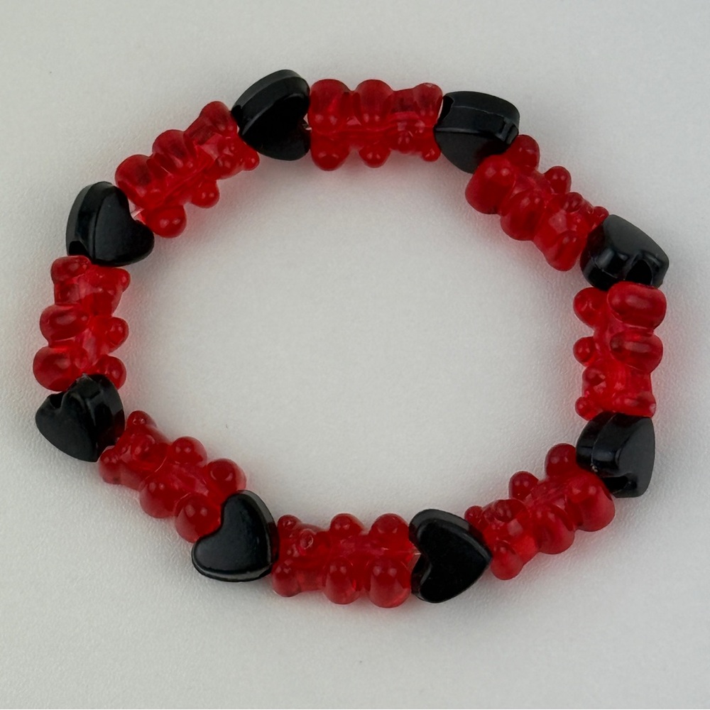 Handmade Red Gummy Bear Black Heart Beaded Stretch Bracelet Kandi Kawaii Goth #2 - Picture 6 of 10